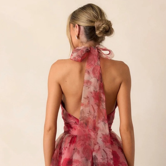 BRICK RED FLORAL HALTER MIDI DRESS - Picture 3 of 9